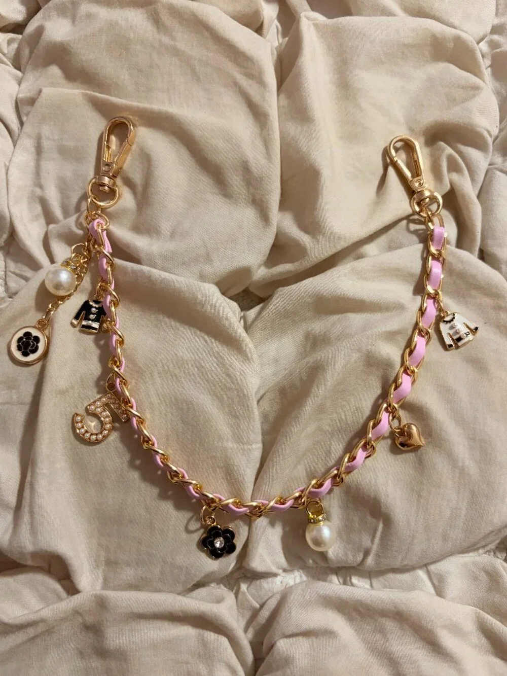 Free People Gold Tone Pink Woven Leather Chain Multi-Charm Bag Chain Strap